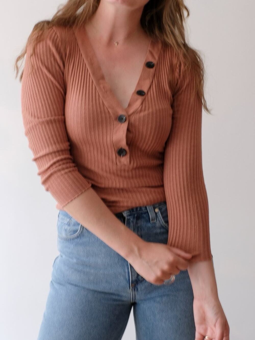 Enza Costa $135 Cotton Military Rib Henley Brown Small EUC